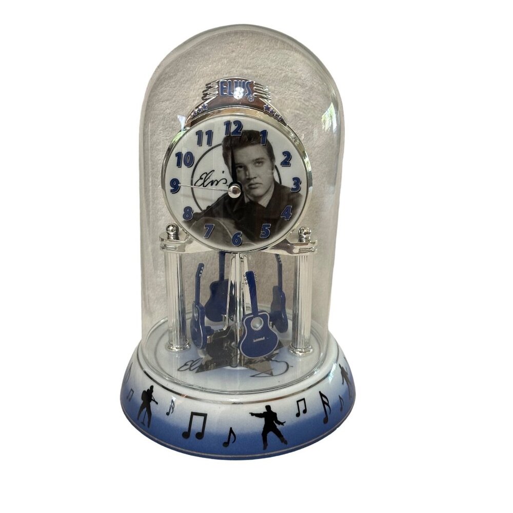 Elvis Presley Pendulum Clock 25th Anniversary Blue‎ Silver Glass Works See Video